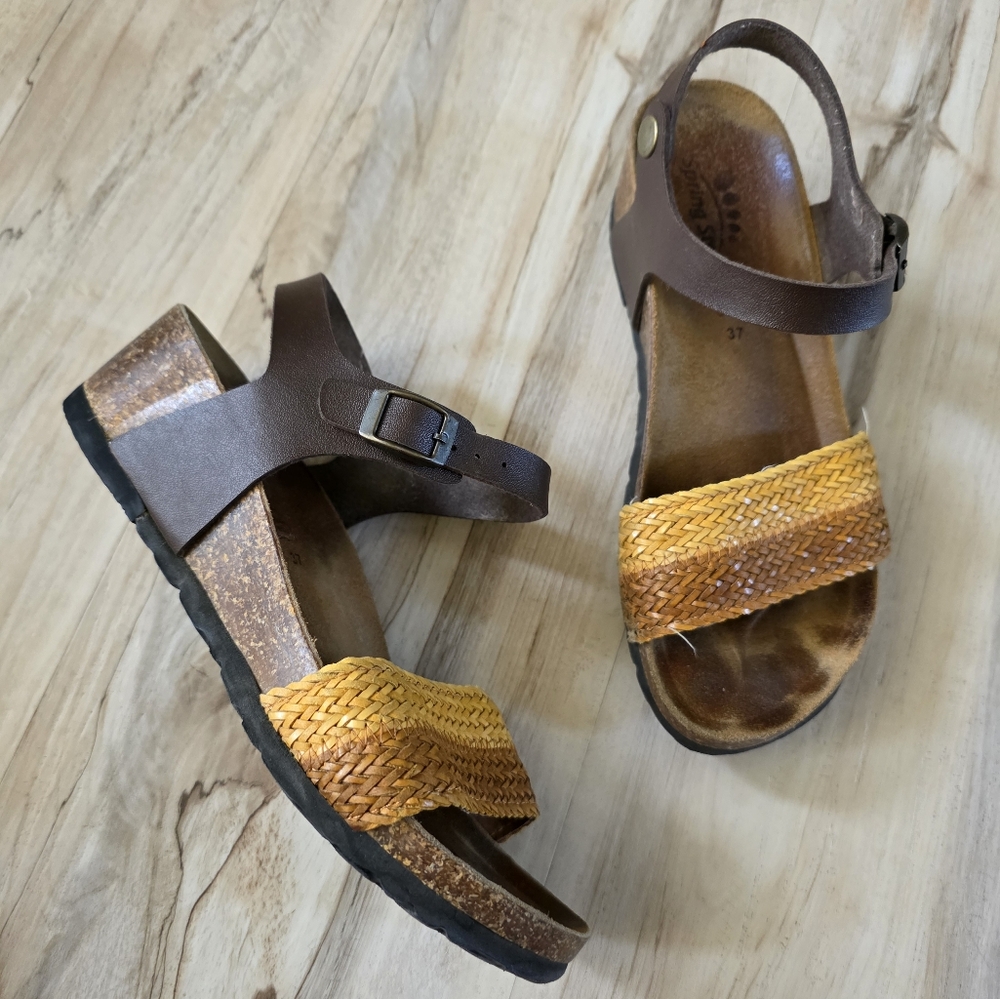 Spring Step Brown Leather Cork Wedge Woven Sandals Sz 37